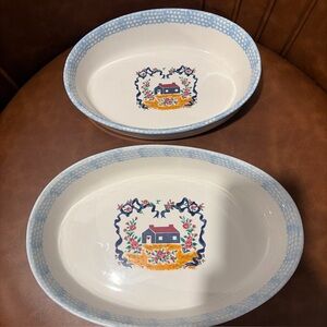 TEAMSON 1995 COUNTRY HOME CASSEROLE DISH SET BLUE CHECKED RIBBON COTTAGE